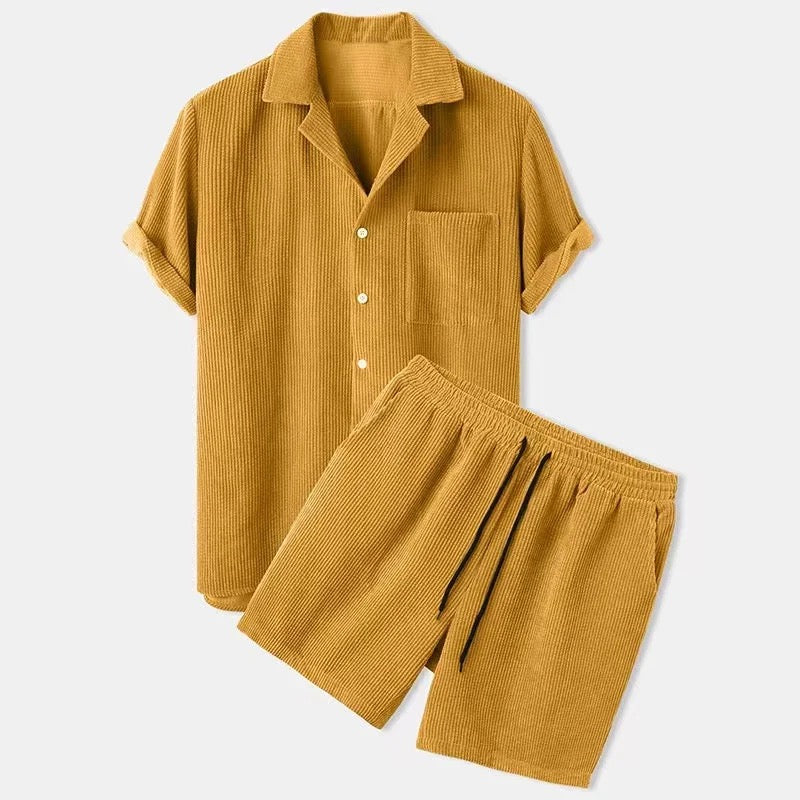 Corduroy Button Up Shirt & Shorts Set “Yellow”